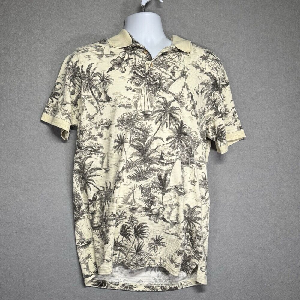 Caribbean Joe Hawaiian Polo Shirt L Large Cream Grey Gray Floral Palm Trees